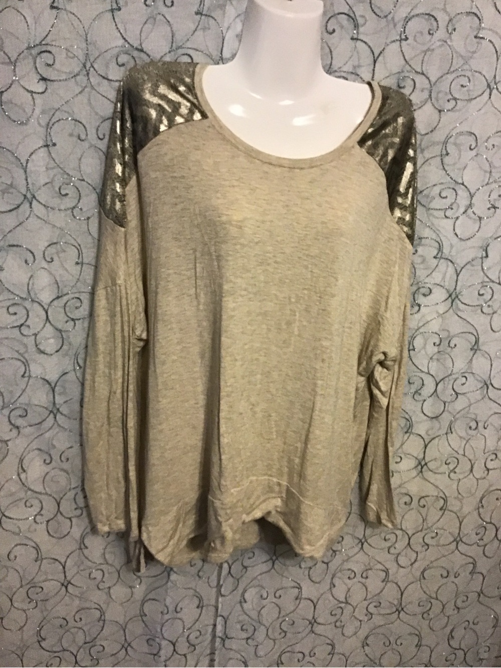 Maurices Beige Long Sleeve Top with Gold Sequin Shoulders
